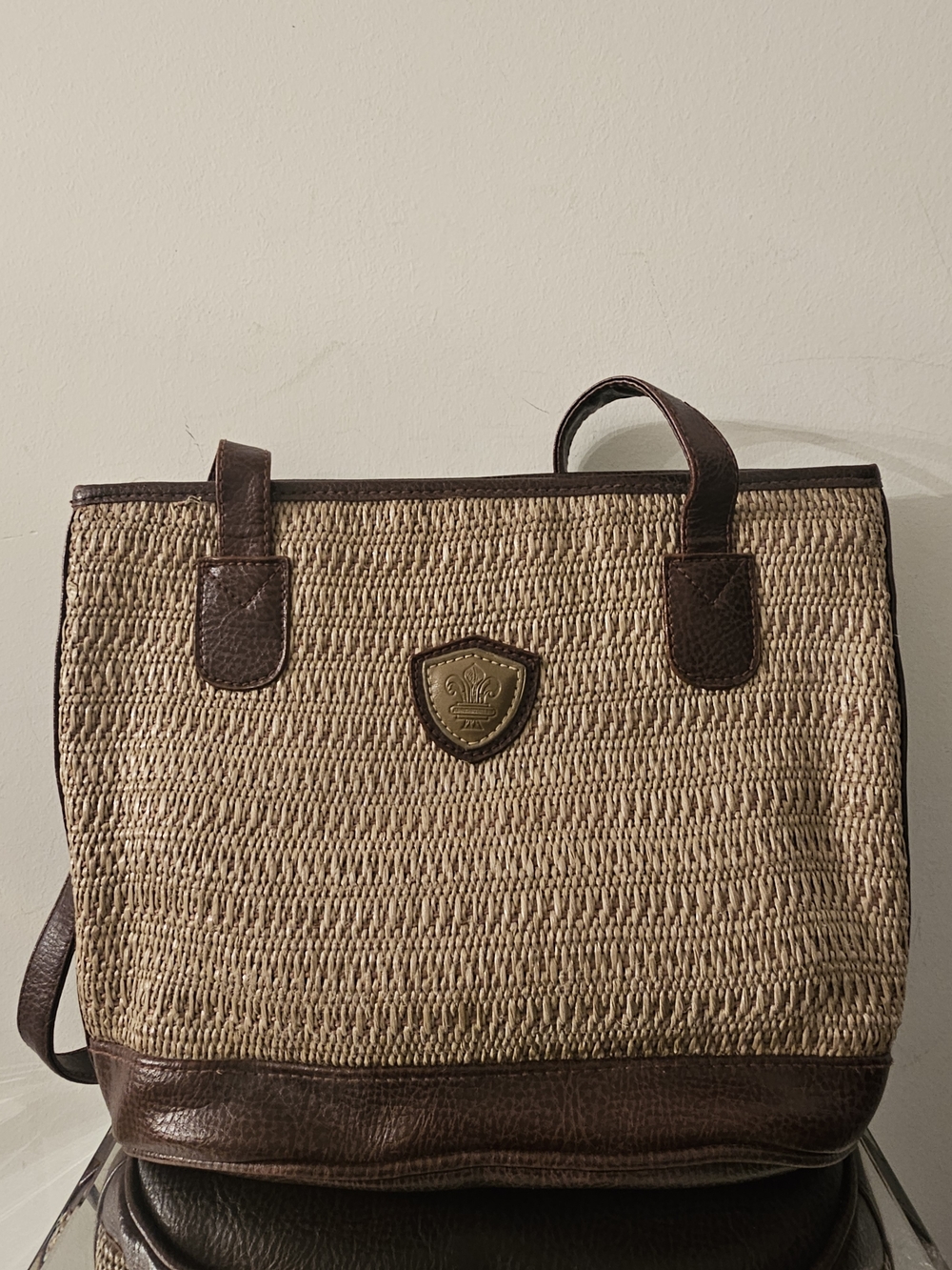 Woven Straw Tote with Brown Leather Trim